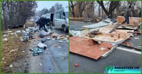 FOTO // Colete ce urmau să ajungă în Franța, împrăștiate pe asfalt la Edineț. Autobuz de rută ocazională implicat într-un accident